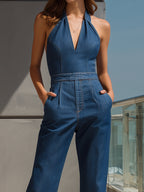 Tuta Intera in Denim Senza Maniche con Scollo All'Americana e Gamba Larga