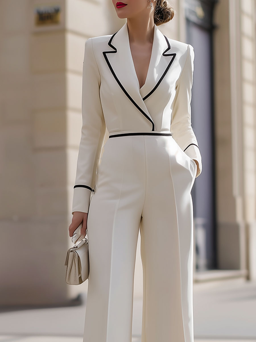 Tuta Jumpsuit Sartoriale Avorio a Gamba Larga con Profili Neri