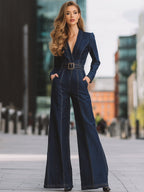 Tuta Intera in Denim Sartoriale a Gamba Larga e Maniche Lunghe