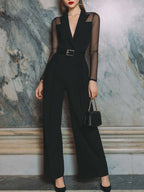 Tuta Nera a Gamba Larga Sartoriale con Cintura e Maniche in Rete